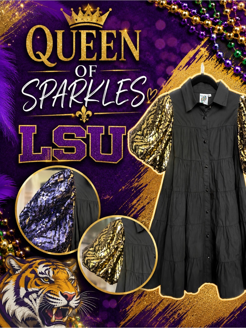 QUEEN OF SPARKLES - LSU Mardi Gras Reversible Sequin Sleeve Tiered Dress - XS